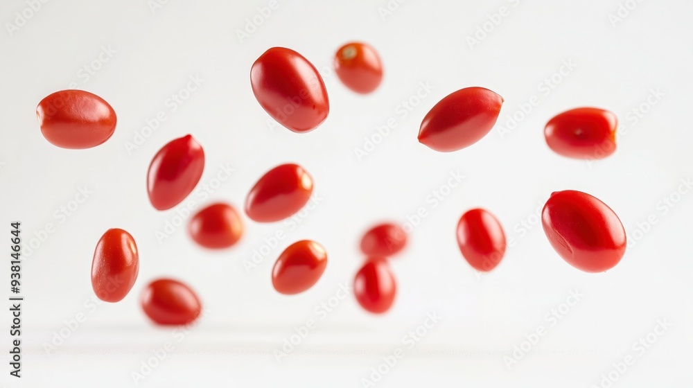 Multiple red cherry tomatoes falling against a white background. Multiple red cherry tomatoes falling against a white background.
