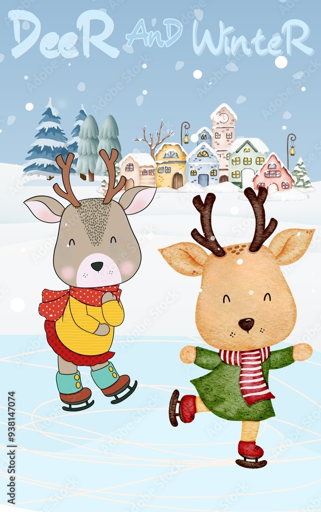 Winter and cute reindeer . Winter and cute reindeer .