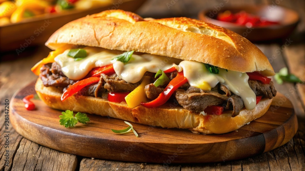 A toasted bread roll overflowing with melted cheese, sliced beefsteak, and sautéed vegetables, perfectly capturing the essence of a classic Philly-inspired sandwich. A toasted bread roll overflowing with melted cheese, sliced beefsteak, and sautéed vegetables, perfectly capturing the essence of a classic Philly-inspired sandwich.