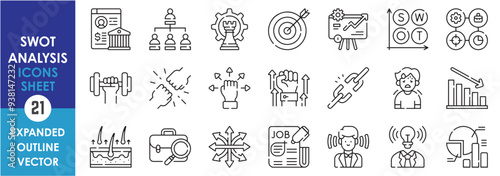 A set of line icons related to SWOT analysis. Strategy, strengths, weakness, opportunities, threads, business, idea, linkage, ways, target, and so on. Vector outline icons set.