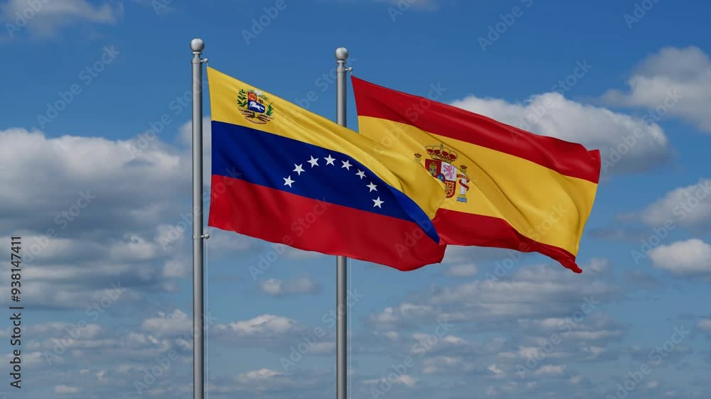 Spain and Venezuela flags flying together, video concept of the relationship, two country cooperation concept Spain and Venezuela flags flying together, video concept of the relationship, two country cooperation concept
