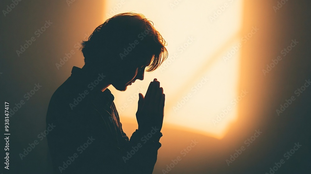 Silhouette of Man Praying with Hands Together Against Bright Sunlight Through Window Silhouette of Man Praying with Hands Together Against Bright Sunlight Through Window