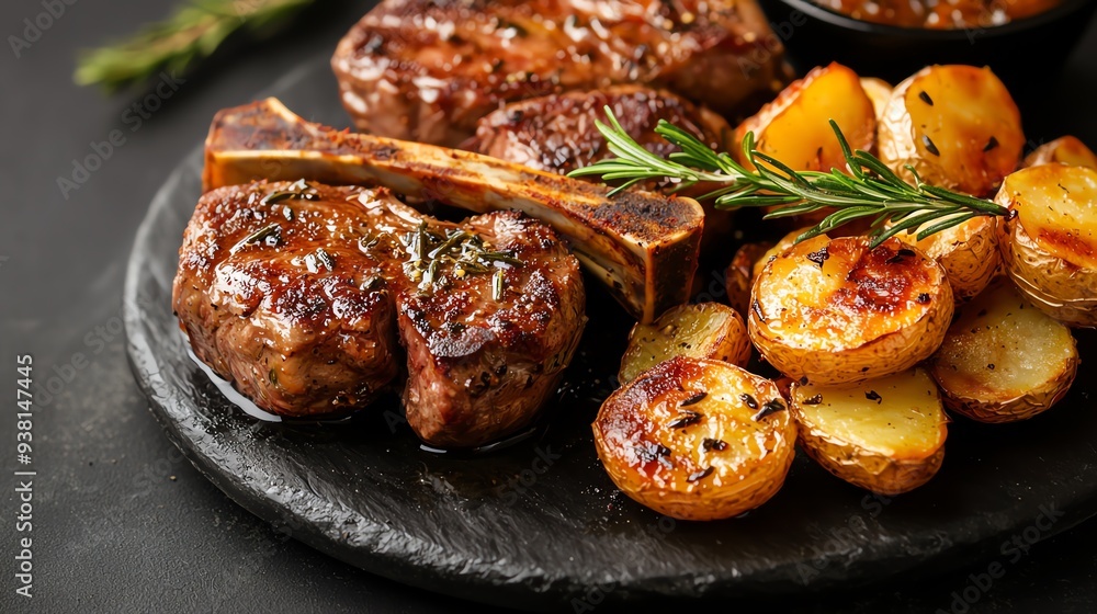 43 Juicy lamb chops with a rosemary garlic marinade, perfectly seared, served with roasted potatoes 43 Juicy lamb chops with a rosemary garlic marinade, perfectly seared, served with roasted potatoes