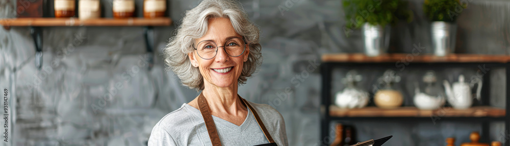 A woman with glasses and apron standing in a kitchen A woman with glasses and apron standing in a kitchen