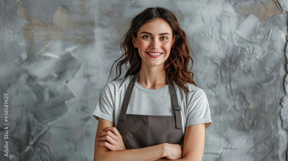 A woman with apron on and a smile on her face A woman with apron on and a smile on her face