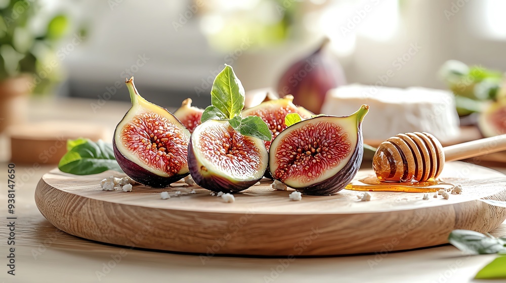 46 Juicy fresh figs on a platter, paired with goat cheese and honey, rustic and gourmet
