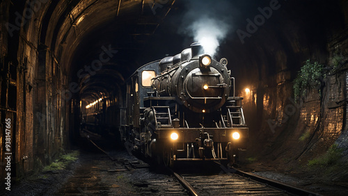 A classic steam locomotive train running through a dark, narrow tunnel.