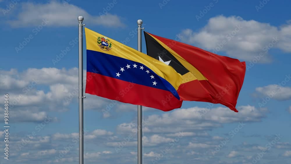 East Timor and Venezuela flags flying together, video concept of the relationship, two country cooperation concept East Timor and Venezuela flags flying together, video concept of the relationship, two country cooperation concept
