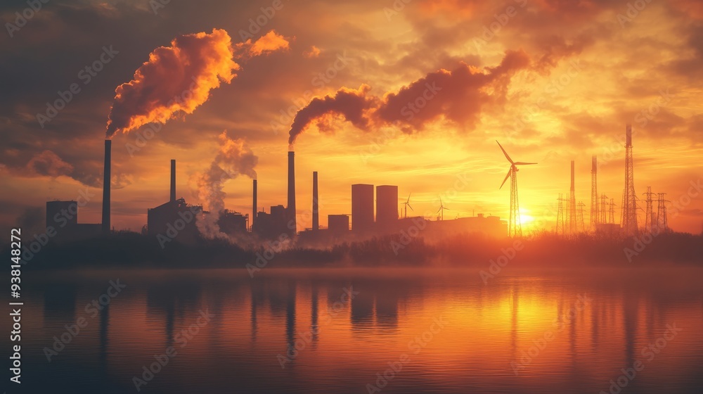 Industrial landscape at sunset with factories emitting smoke, wind turbine visible, and a reflection in the water. Industrial landscape at sunset with factories emitting smoke, wind turbine visible, and a reflection in the water.