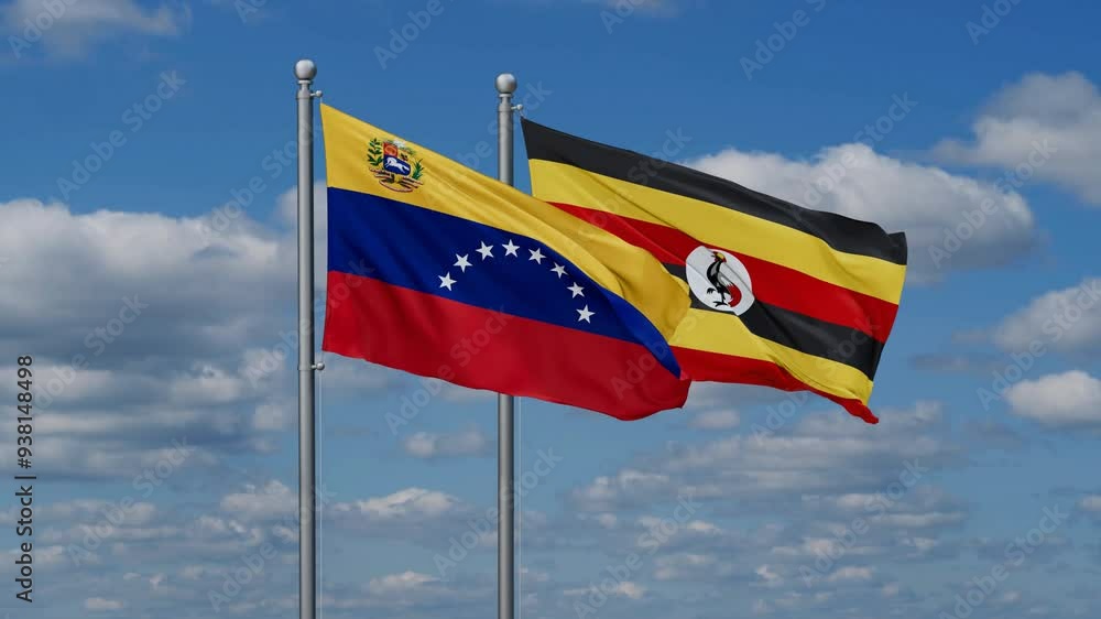 Republic of Uganda and Venezuela flags flying together, video concept of the relationship, two country cooperation concept Republic of Uganda and Venezuela flags flying together, video concept of the relationship, two country cooperation concept