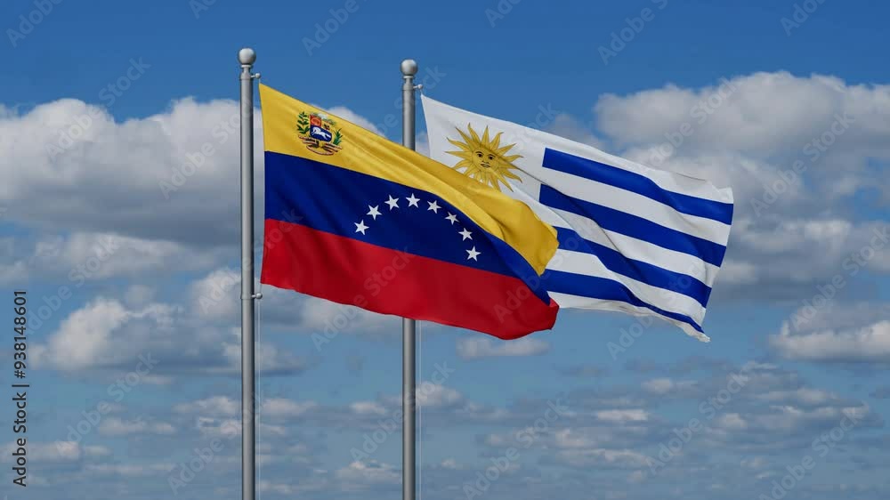 Uruguay and Venezuela flags flying together, video concept of the relationship, two country relations concept Uruguay and Venezuela flags flying together, video concept of the relationship, two country relations concept
