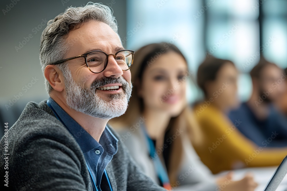 A mature businessman with a warm smile and a twinkle in his eye, exudes positivity and confidence in a professional setting, surrounded by a supportive team. A mature businessman with a warm smile and a twinkle in his eye, exudes positivity and confidence in a professional setting, surrounded by a supportive team.