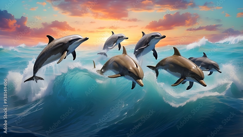 A group of dolphins riding the waves together. A group of dolphins riding the waves together.