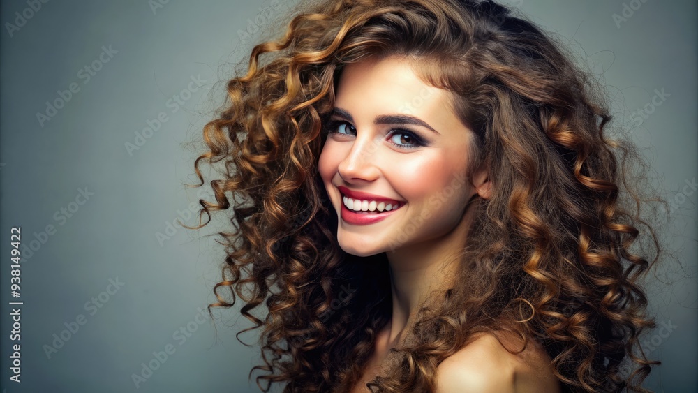 Attractive young adult female with curly brown hair and bright smile, captured in a gentle half-side profile, showcasing her natural beauty and confidence. Attractive young adult female with curly brown hair and bright smile, captured in a gentle half-side profile, showcasing her natural beauty and confidence.