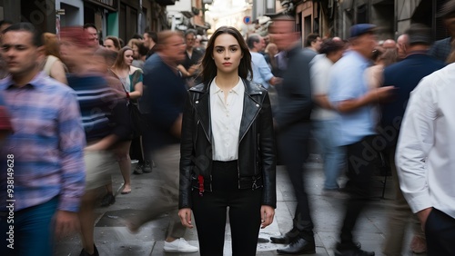 Woman in a crowd, busy street photo, people motion blur, person in urban society photo