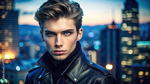 Attractive young male model with stylish hair and piercing blue eyes posing confidently in a sleek black outfit against a vibrant cityscape background. photo