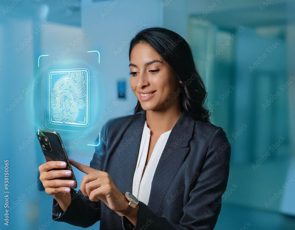 Businesswoman using smartphone,a woman using a facial recognition app to secure the phone Businesswoman using smartphone,a woman using a facial recognition app to secure the phone