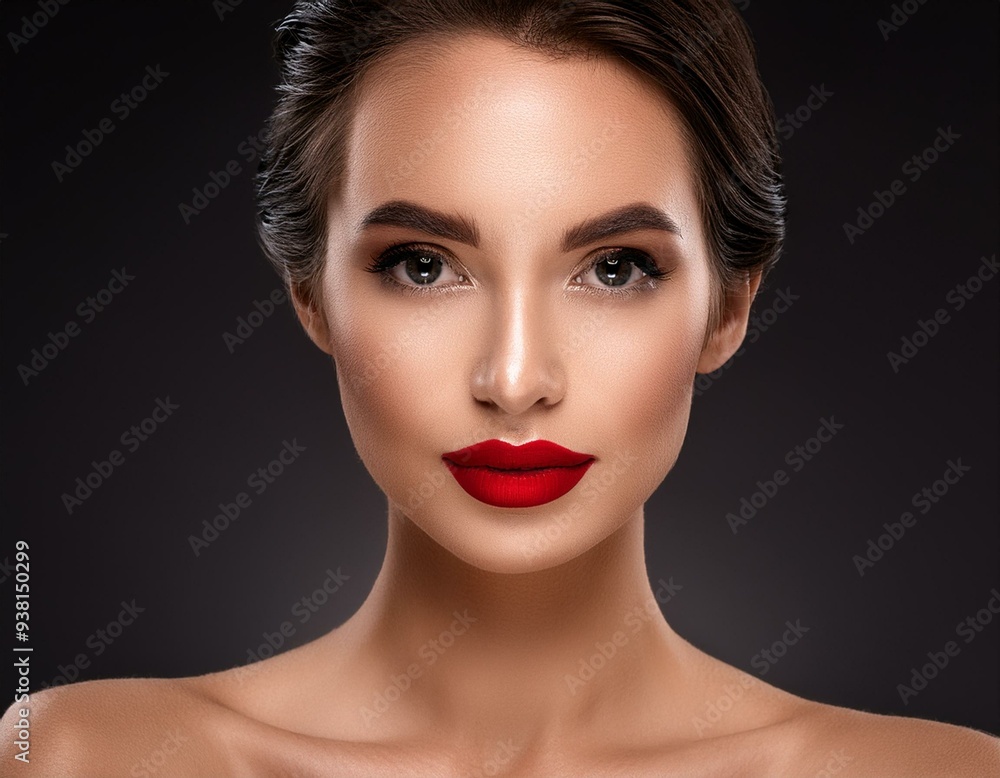 Captivating close up portrait of a woman with flawless makeup and vibrant red lips against a dark background Captivating close up portrait of a woman with flawless makeup and vibrant red lips against a dark background