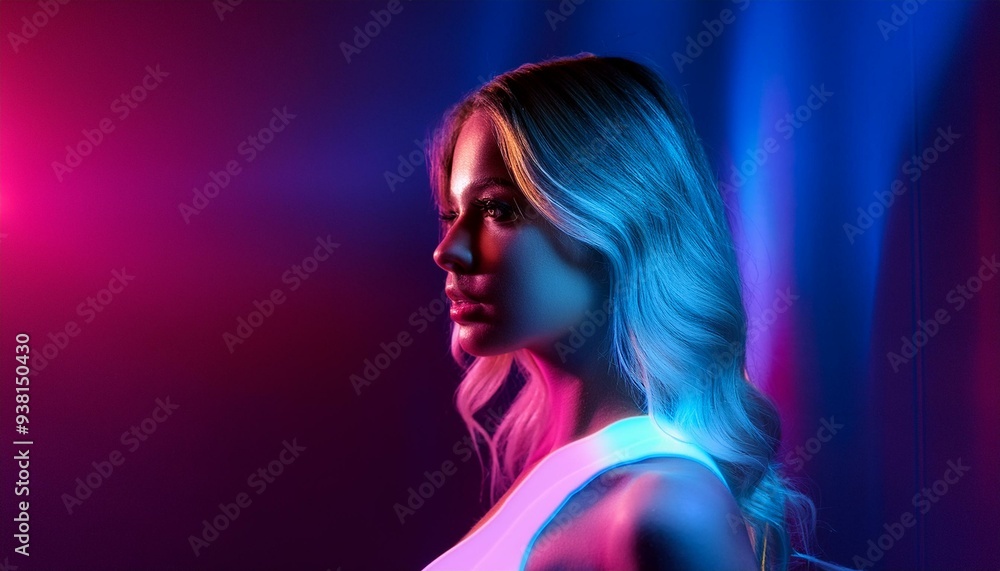 Captivating Female Silhouette Enveloped in Neon Lights and Vibrant Colors Captivating Female Silhouette Enveloped in Neon Lights and Vibrant Colors