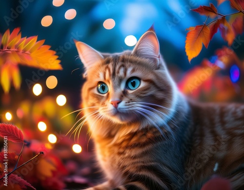 Captivating Feline in Magical Autumn Wonderland with Neon Lights