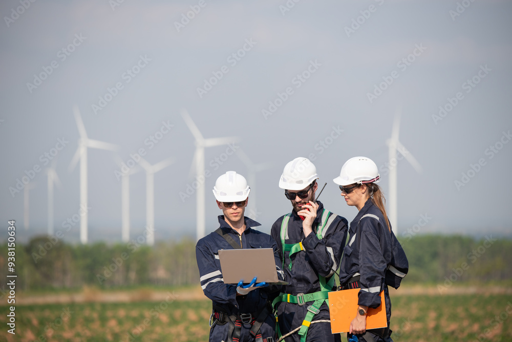 Engineers working on site in wind turbine farm, Wind turbines generate clean energy source, Eco technology for electric, industry environment