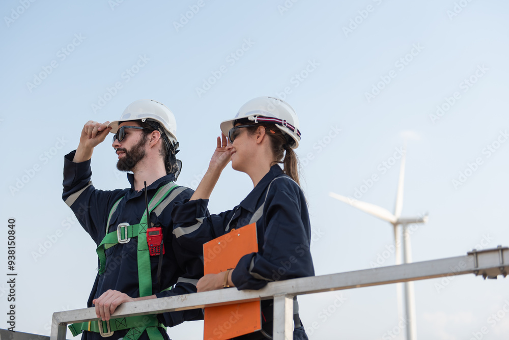 Engineers working on site in wind turbine farm, Wind turbines generate clean energy source, Eco technology for electric, industry environment Engineers working on site in wind turbine farm, Wind turbines generate clean energy source, Eco technology for electric, industry environment