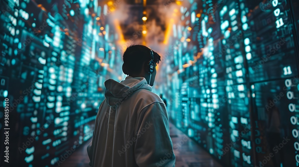 Hacker with neon code projections from natural gas flowing like data streams around them Hacker with neon code projections from natural gas flowing like data streams around them