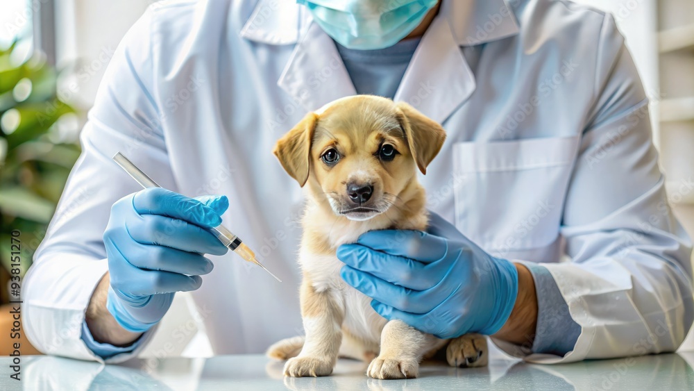 A veterinarian in a sterile medical environment gently holds a small puppy still as they administer a vaccination with a syringe and tender care. A veterinarian in a sterile medical environment gently holds a small puppy still as they administer a vaccination with a syringe and tender care.