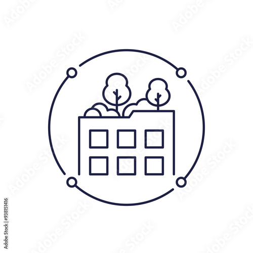 roof garden icon, green rooftop with trees line vector