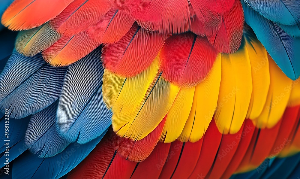 Obraz premium Close-Up of Parrot Feather with Bold Primary Colors and Crisp Details