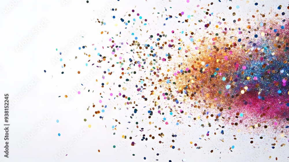 Fototapeta premium Glitter Explosion: A burst of glitter particles in various colors, shimmering as they spread out against a white background. 