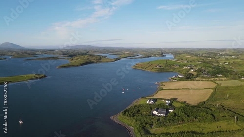 Drone shot showing the blue Atlantic sea and green landscape at Clew Bay, Westport, Mayo, Ireland. photo