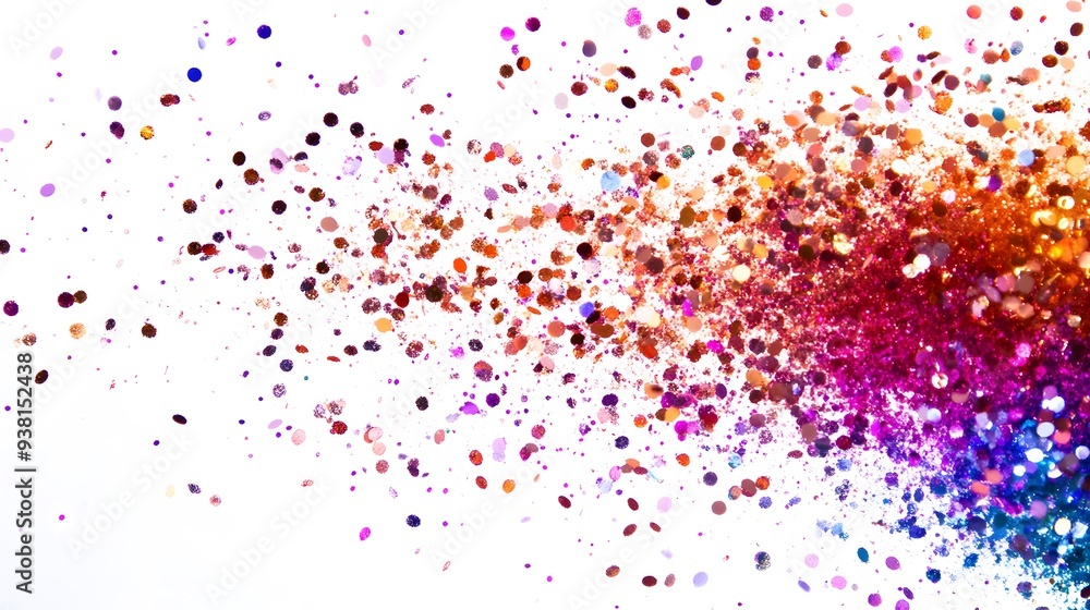 Obraz premium Glitter Explosion: A burst of glitter particles in various colors, shimmering as they spread out against a white background. 