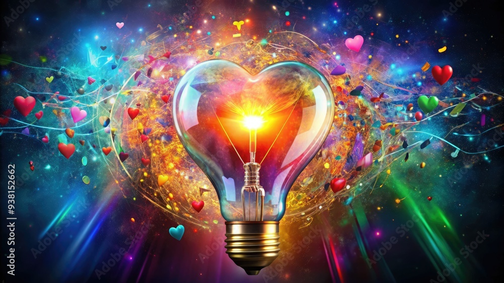 A vibrant lightbulb shines bright above a heart, surrounded by colorful notes and scraps, symbolizing the spark of creativity fueled by passion and affection. A vibrant lightbulb shines bright above a heart, surrounded by colorful notes and scraps, symbolizing the spark of creativity fueled by passion and affection.