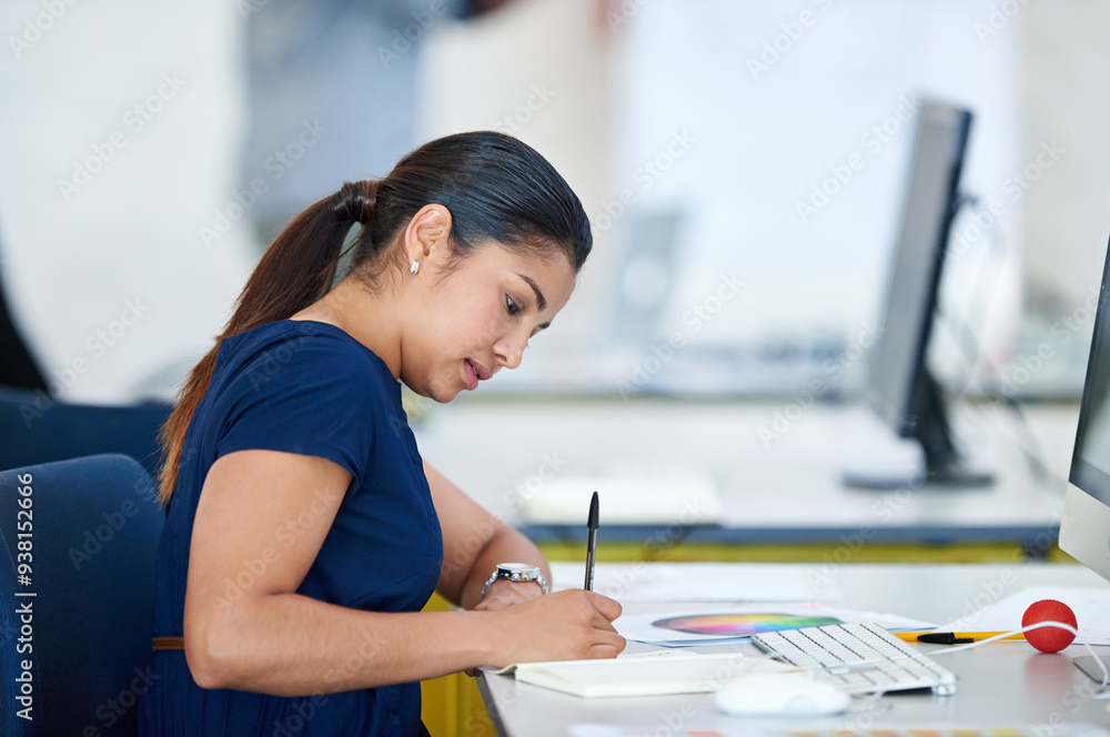 Writing, business and woman at desk, planning and schedule for calendar, project and proposal. Journalist, employee and professional with notebook, manuscript and editing with ideas in modern office Writing, business and woman at desk, planning and schedule for calendar, project and proposal. Journalist, employee and professional with notebook, manuscript and editing with ideas in modern office