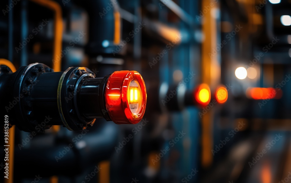 A close-up view of industrial warning lights in a factory setting, illuminating the pipes and machinery around them. A close-up view of industrial warning lights in a factory setting, illuminating the pipes and machinery around them.