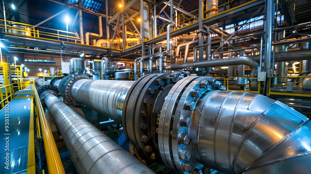The complex network of pipes and valves in a gas power plant's turbine room The complex network of pipes and valves in a gas power plant's turbine room