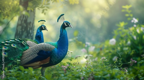 Wallpaper Mural Two peacocks in a lush green park. Torontodigital.ca