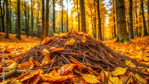 A vibrant yellow and orange heap of fallen tree needles, scattered on a forest floor, surrounded by autumnal leaves and dense woodland undergrowth. photo