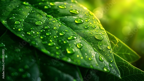 Macro Photography of Raindrops on Green Leaf with Copy Space