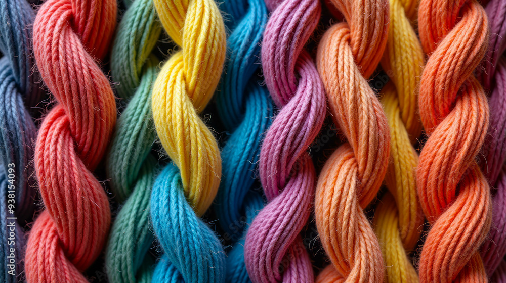 A collection of braided threads displays a rainbow of colors, neatly arranged in a craft studio. Each twist reveals shades of blue, pink, yellow, and orange, inviting creativity A collection of braided threads displays a rainbow of colors, neatly arranged in a craft studio. Each twist reveals shades of blue, pink, yellow, and orange, inviting creativity