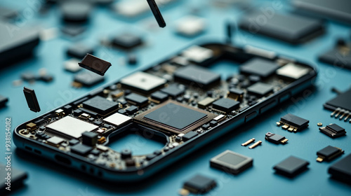 A smartphone's internal parts are meticulously laid out, showcasing microchips and circuit boards on a blue background, highlighting advanced technology