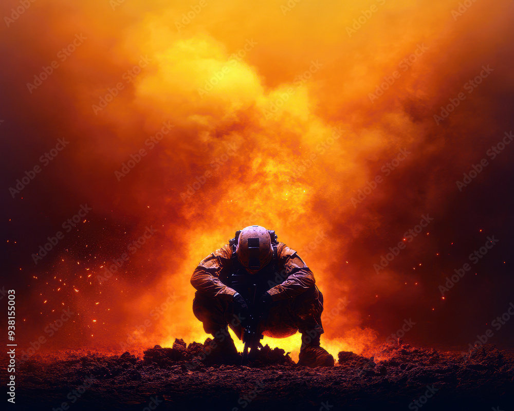 Fototapeta premium A lone soldier squats in the shadows of an explosive backdrop, symbolizing courage and resolve in the face of destruction. The atmosphere is thick with intensity and emotion.