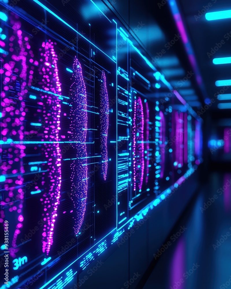 Futuristic data visualization with vibrant purple and blue colors in a modern tech environment. Futuristic data visualization with vibrant purple and blue colors in a modern tech environment.