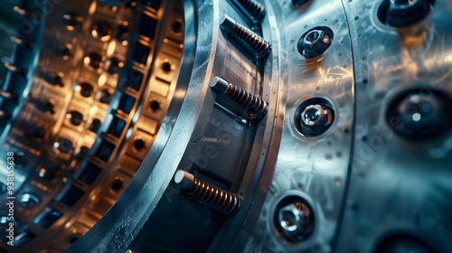The heavy-duty bolts and fasteners on a turbine casing in a power plant