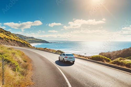A white car is driving down a road near the ocean