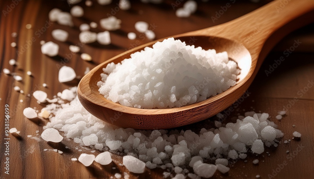 Close up View of Salt Crystals on Wooden Spoon with Scattered Grains in Rustic Kitchen Setting Close up View of Salt Crystals on Wooden Spoon with Scattered Grains in Rustic Kitchen Setting