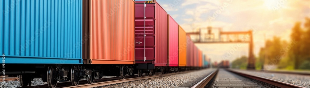 Colorful shipping containers lined on a railway track, showcasing transport logistics and industrial scenery during sunset. Colorful shipping containers lined on a railway track, showcasing transport logistics and industrial scenery during sunset.