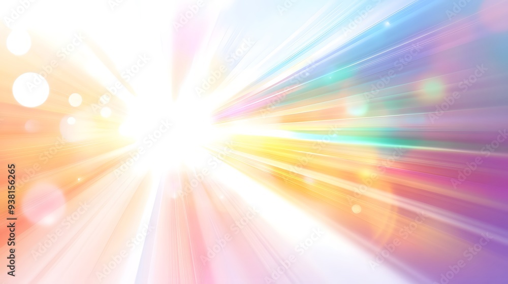 Obraz premium Lens Flare Effect: A bright, colorful lens flare spreading across the frame, with light rays fanning out on a white background. 