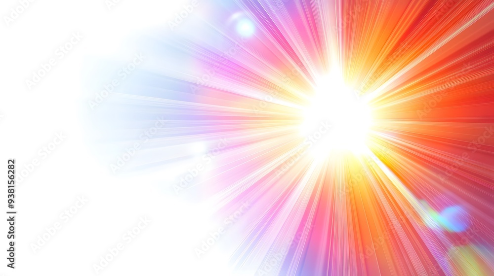 Lens Flare Effect: A bright, colorful lens flare spreading across the frame, with light rays fanning out on a white background.
Lens Flare Effect: A bright, colorful lens flare spreading across the frame, with light rays fanning out on a white background.